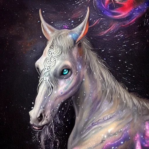 Image similar to a wlop 3 d render of very very very very highly detailed beautiful mystic portrait of a phantom undead horse with whirling galaxy around, tattoos by anton pieck, intricate, extremely detailed, digital painting, artstation, concept art, smooth, sharp focus, illustration, intimidating lighting, incredible art,