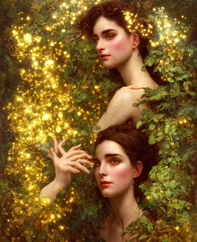 Image similar to hyper realistic photographer looking through a vintage medium format camera, magic pouring from lens, full body pose, design on white background, beautiful details, lush foliage cyberpunk, gold, drawn by john singer sargent, tom bagshaw, norman rockwell, alphonso mucha, lolish, trending on artstation