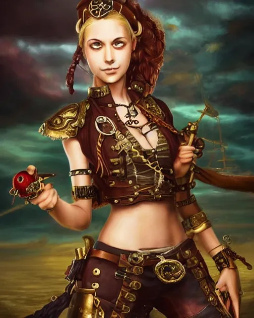 Image similar to a beautiful 2D illustration of a young female steampunk pirate wearing leather armor on gold and red trimmings on green, very cool pose, pirate ship with an epic sky background, slightly smiling, by Charlie Bowater Annie Leibovitz, zhuoxin ye, cinematic lighting and composition, fantasy painting, very detailed, ornate, trending on artstation and pinterest, deviantart, google images