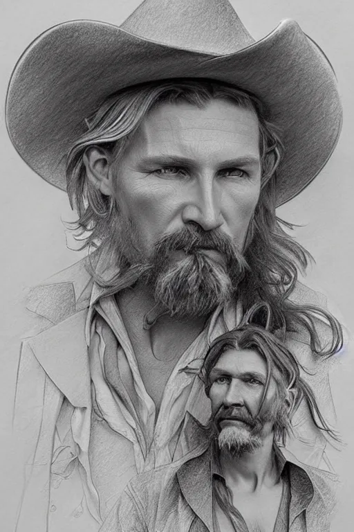 Image similar to hyperrealist pencil sketch of a cowboy david malan and alphonse mucha, fantasy art, drawing, dynamic lighting, artstation, poster, volumetric lighting, very detailed faces, 4 k, award winning