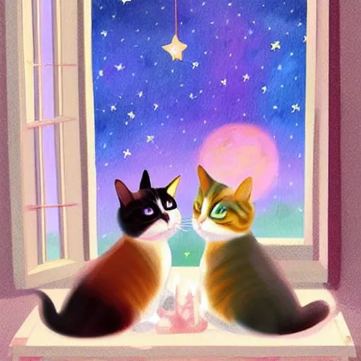 Image similar to two cute multi - colored calico cats sleeping inside a cozy home in the evening, stars shining in the night sky through the window,, artstation, cgsociety, storybook art