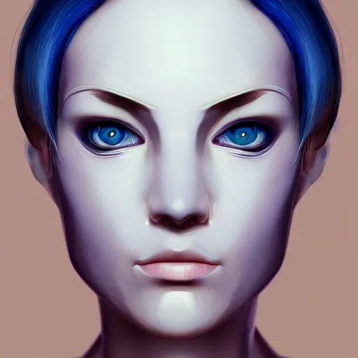 Prompt: portrait of a female android, no nose, no mouth, face completely covered in phthalo blue steel, filigree, elegant, sharp focus, graceful, master crafted, trending on artstation, award winning, beauty,