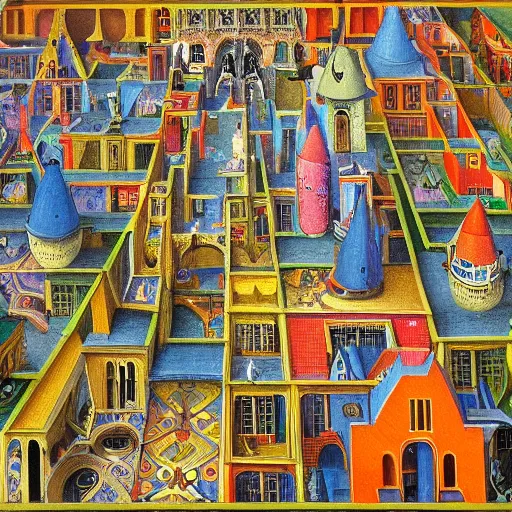 Prompt: a highly detailed intricate and brightly colored painting of a medieval city by Jackson Pollack and Bosch and Dali and MC Escher, exquisite, masterpiece, apotheosis, 4K, very detailed