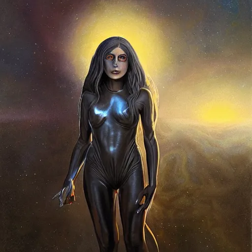 Prompt: pleiadian woman with big eyes and long silver hair wearing a dark body suit and holding a plasma gun as a realistic sci fi character, portrait art by donato giancola and greg rutkowski, digital art, trending on artstation, standing in a barren field, long silver hair, full body