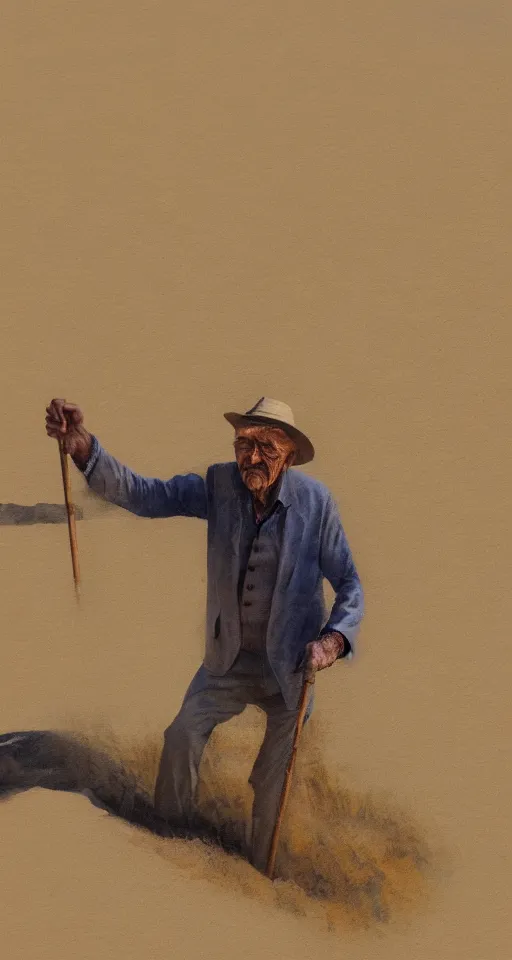 Image similar to water painting of an old man with a cane exploring a sandy dune, 4 k, detailed, surrealcore