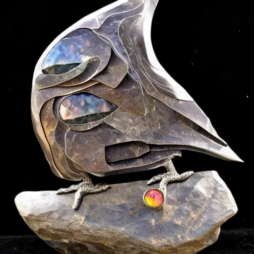 Prompt: metallic rock sculpted into a raven. Inlaid with cut gemstones and smooth polished minerals. beautiful sculpting. masterwork.