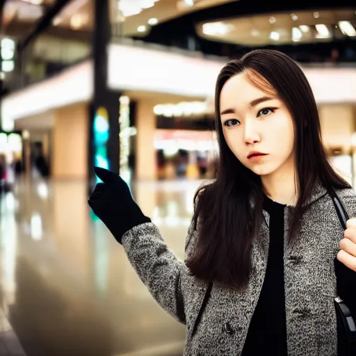 Image similar to a closeup portrait of woman walking in mall alone in style of 1990s, street photography seinen manga fashion edition, focus on face, eye contact, tilt shift style scene background, soft lighting, Kodak Portra 400, cinematic style, fish-eye lens, telephoto