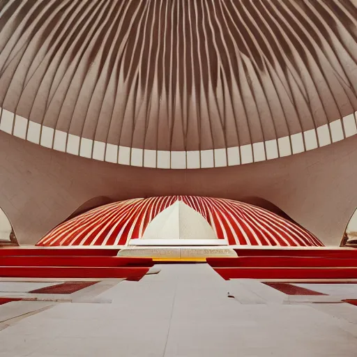 Image similar to interior of a futuristic lotus temple with gold, red and white marble panels, in the desert, by buckminster fuller and syd mead, intricate contemporary architecture, photo journalism, photography, cinematic, national geographic photoshoot