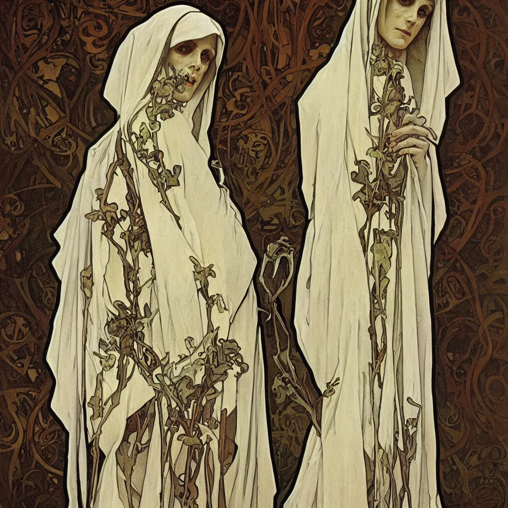 Prompt: A beautiful portrait of a skeleton nun in Realistic style by Alphonse Mucha,oil on canvas