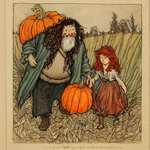 Image similar to a color illustration of hagrid and harry in a pumpkin patch by arthur rackham