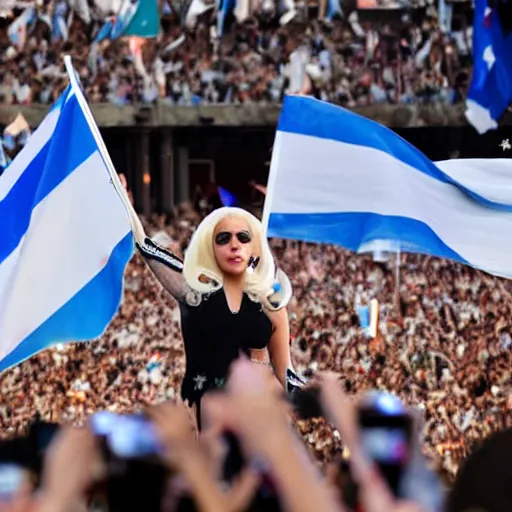 Image similar to Lady Gaga as president, Argentina presidential rally, Argentine flags behind, bokeh, giving a speech, detailed face, Argentina