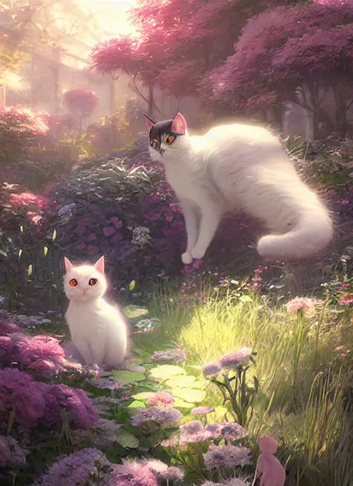 Image similar to portrait of a cute cat in an enchanted garden, digital illustration, by makoto shinkai and ruan jia