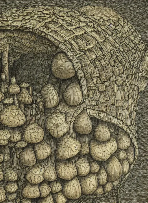 Prompt: a hybrid between a mushroom and a house,, insanely detailed, studio light, gustav dore, colored pencil