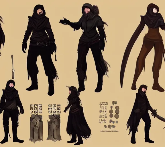 Prompt: video game concept art character sheet, high fantasy, rogue, thief, leather clothing