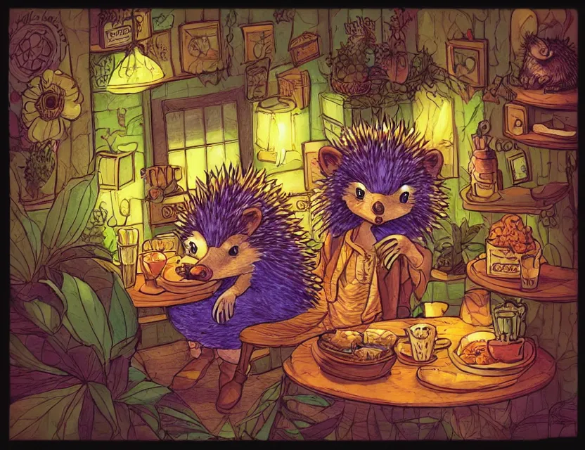 Prompt: hedgehog witch in a seedy cafe. complementary colors, copic markers, indie concept art, bloom, chiaroscuro, backlighting, intricate details.