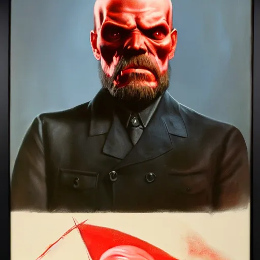 Image similar to ultra realistic portrait painting of red skull vladimir lenin, art by frank frazetta, 4 k, ultra realistic, highly detailed, epic lighting