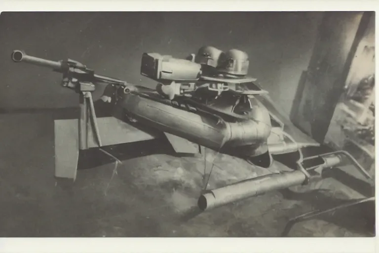 Prompt: old polaroid of a futuristic weapon in the world war 2