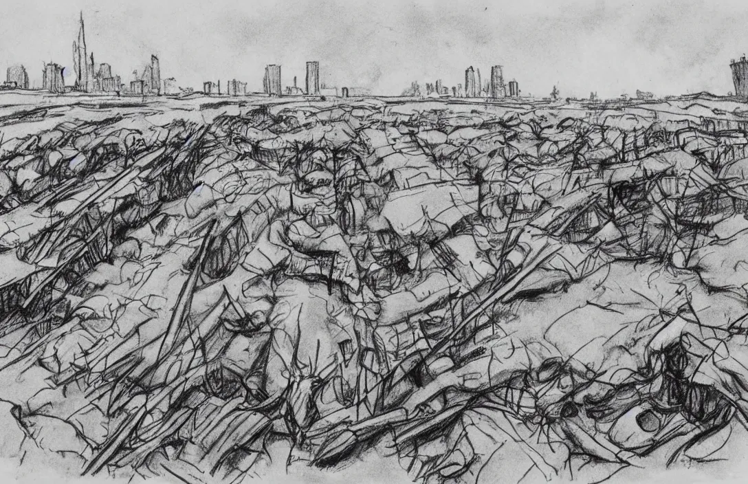 Image similar to milt kahl sketch of world war 1 trenches with the city of miami in the background