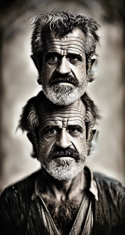 Prompt: a highly detailed digital collodion photograph, a portrait of a grizzled old man who kind of looks like Mel Gibson