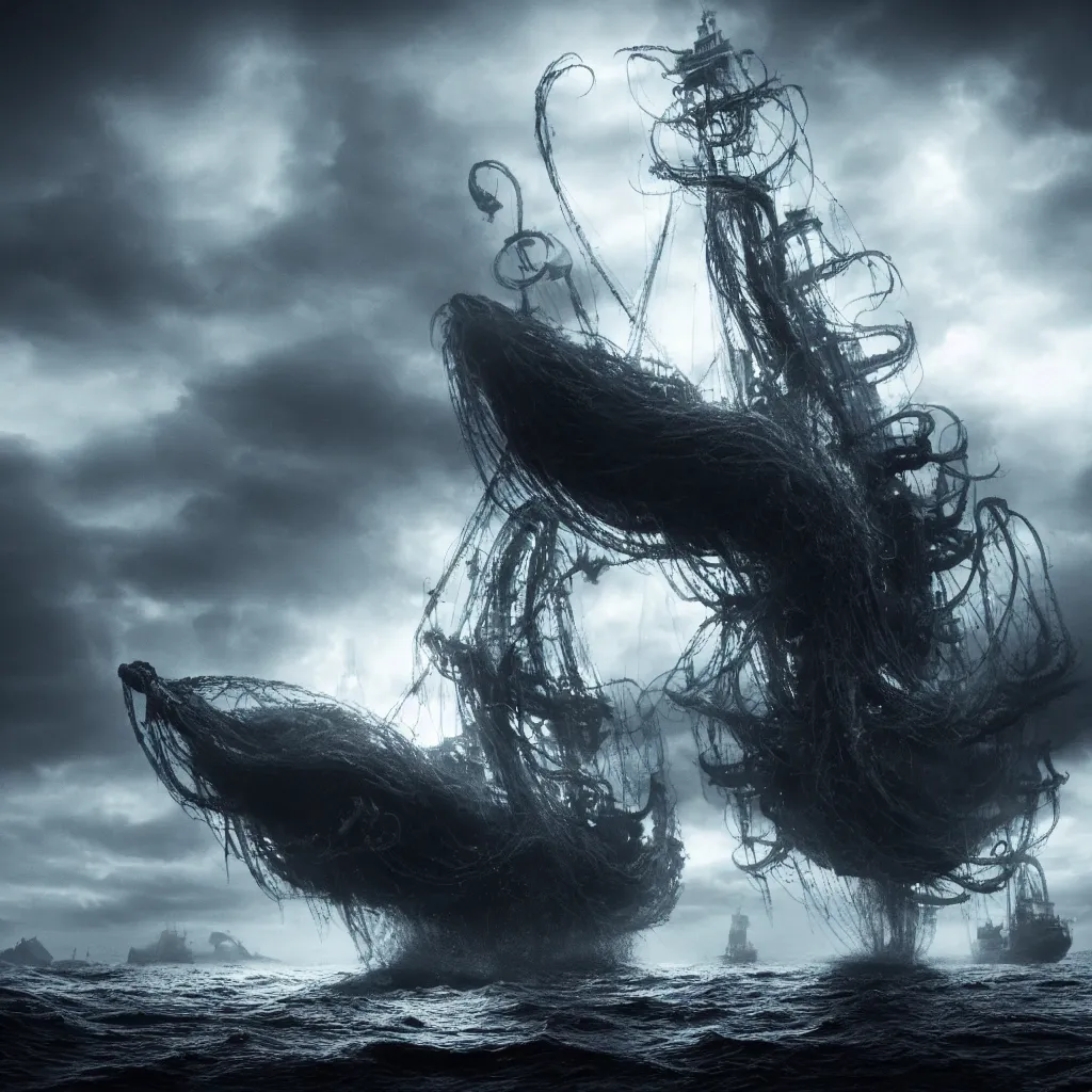 Image similar to the kraken attacks the ship, dark and mysterious, stopped in time, atmospheric, ominous, eerie, cinematic, Epic, 8k, 4k, ultra detail, ultra realistic