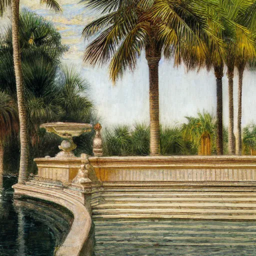 Image similar to a ultradetailed beautiful painting of a old fountain in the amazonas palace balustrade designed by jules bastien - lepage, tarsila do amaral, frank weston and gustave baumann, beach, trending on artstation, mediterranean, palm trees, sharp focus, soft light, 8 k 4 k