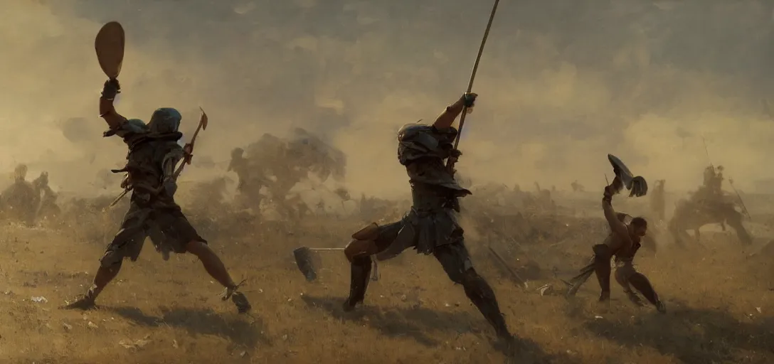 Prompt: Throwing a javelin into the back of a friend, spartan, wide shot, small scale, intimate moment, octane render, 8k, by Greg Rutkowski Ilya Repin Greg Duran