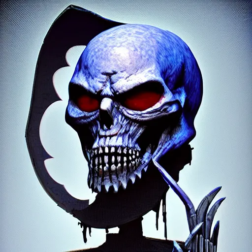 Image similar to a grim reaper with a crt monitor for a head. the monitor has a blue screen with white letters on it. by frank frazetta, simon bisley, brom, concept art, octane render, unreal engine 5, highly detailed, high quality, 8 k, soft lighting, realistic face, path traced