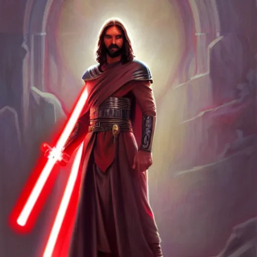 Image similar to Jesus Christ as a Sith Lord with red light saber and in power armor, western, D&D, fantasy, intricate, elegant, highly detailed, digital painting, artstation, concept art, matte, sharp focus, illustration, art by Artgerm and Greg Rutkowski and Alphonse Mucha