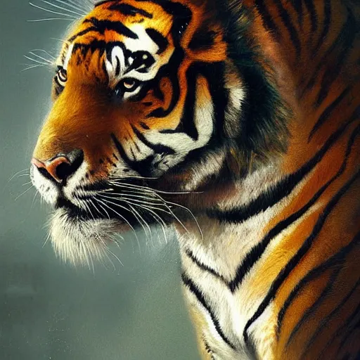 Image similar to a aesthetic award winning commission portrait of a fit anthro tiger wearing military uniform,digital art,art by greg rutkowski,art germ,charles bowater,trevor henderson,detailed beautfiul face,photorealistoc,hyperdetailed,dramatic,artstation,deviantart,professional lighting