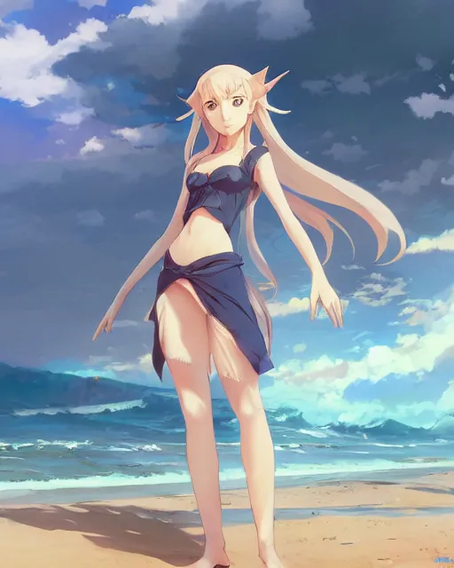 Image similar to an attractive young female elf standing on the beach on the ground front facing, looking at camera, blue water, anime. By Makoto Shinkai, Stanley Artgerm Lau, WLOP, Rossdraws, James Jean, Andrei Riabovitchev, Marc Simonetti, krenz cushart, Sakimichan, trending on ArtStation, digital art.