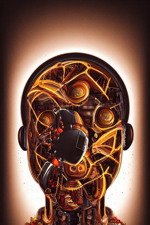 Image similar to portrait of a organic cyborg head covered in oil by pixar, centered, symmetrical, bilateral symmetry, 70s poster, polished, retro dark vintage sci-fi, 2D matte illustration