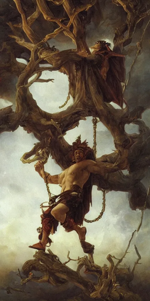 Prompt: a painting of Odin hanging feom the world tree, by roberto ferri