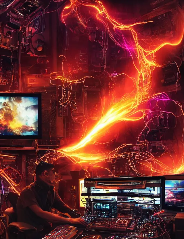 Image similar to “Artstation. A room full of electronic steampunk equipment with lots of electric wires and large tv screens and audio meters and voltage meters. A colorful bright explosion and fire and smoke is bursting out of the TV screens. Close-up of a man sitting at the keyboard in awe. Cinematic lighting, dark, highly detailed. In style of Mike Savad”