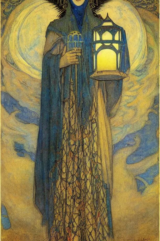 Prompt: queen of the night with her lantern, by Annie Swynnerton and Nicholas Roerich and jean delville, dramatic cinematic lighting , ornate headdress , flowing robes, lost civilizations, extremely detailed
