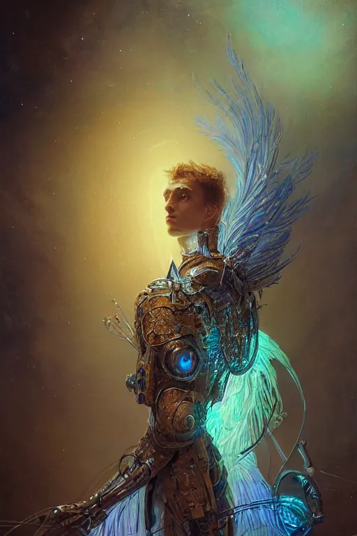 Image similar to portrait of an angelic male with intricate body armor made of bioluminescence wires by gaston bussiere, joe fenton and anato finnstark, arstation and beeple highly, feathers, shimmer detailed, cinematic lighting, octane render, unreal engine lumen, very coherent. cinematic, hyperrealism, high detail, octane render, 8 k