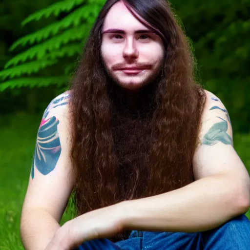 Prompt: a transgender man with long brown hair sits near a hemp