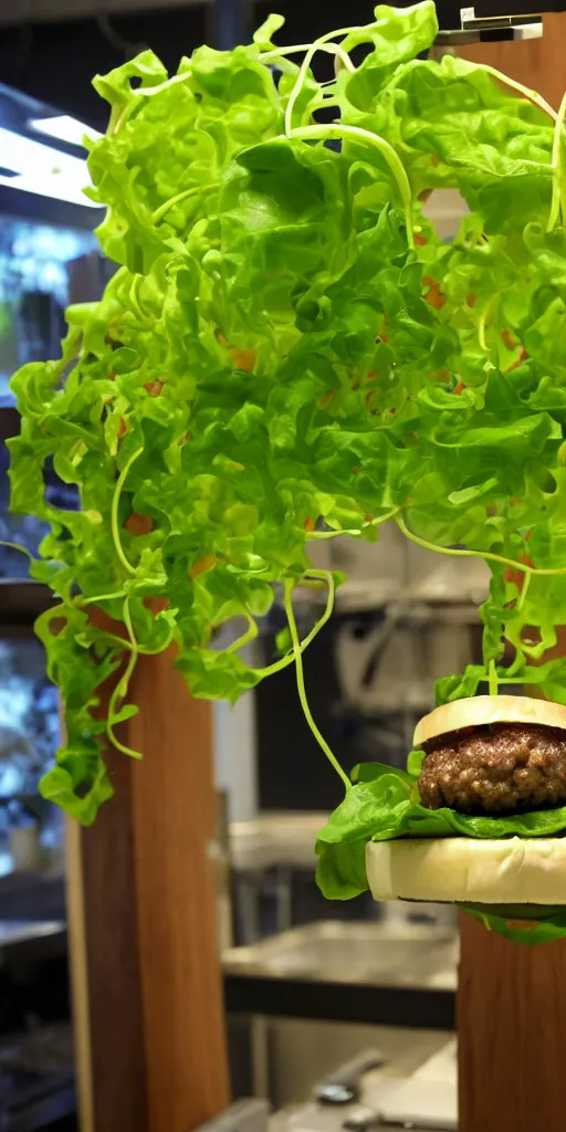Prompt: a lab - grown cheese burger, growing right out of a hydroponic vine, amazing cheeseburger science garden