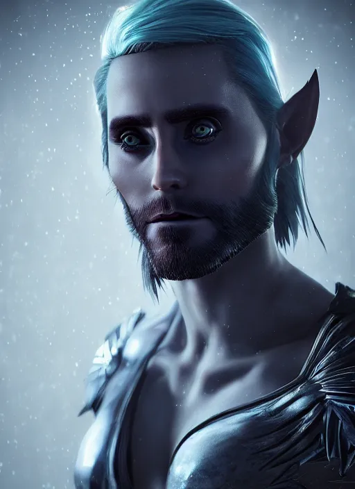 Image similar to A fantasy comic book style portrait painting of Jared Leto as a dark elf, unreal 5, DAZ, hyperrealistic, octane render, RPG portrait, ambient light, dynamic lighting