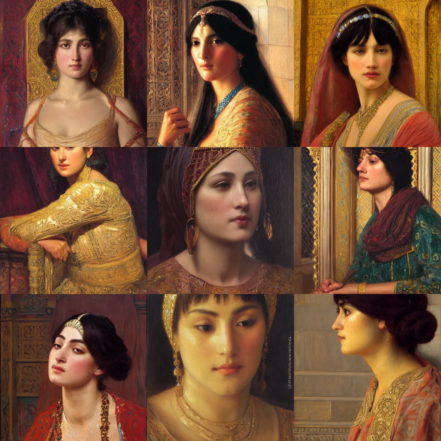 Prompt: orientalism face detail of a beautiful consort with bangs in a palace by edwin longsden long and theodore ralli and nasreddine dinet and adam styka, masterful intricate art. oil on canvas, excellent lighting, high detail 8 k