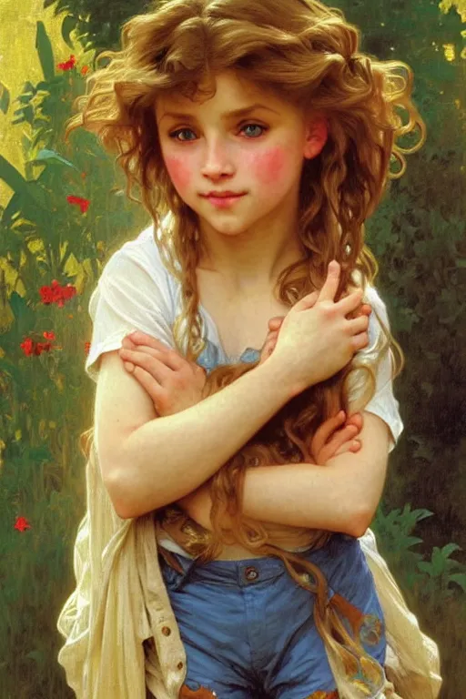 Image similar to a seven - year old with long curly dirty blonde hair, blue eyes, tan skin a tee shirt and shorts, playing with foxes, painting by daniel gerhartz, alphonse mucha, bouguereau, detailed art, accurate facial details, no blush, artstation