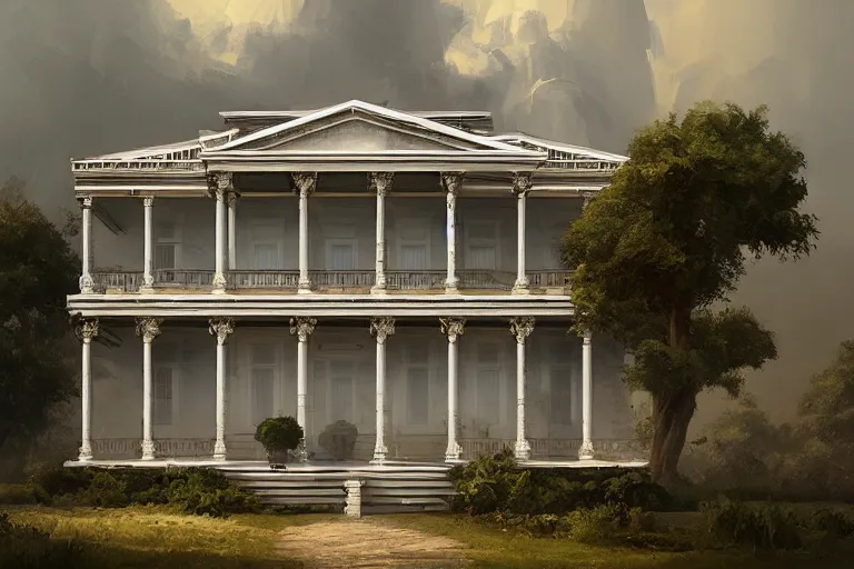 Prompt: greek revival mansion, highly detailed, digital painting, artstation, concept art, sharp focus, illustration, art by raphael lacoste and greg rutkowski