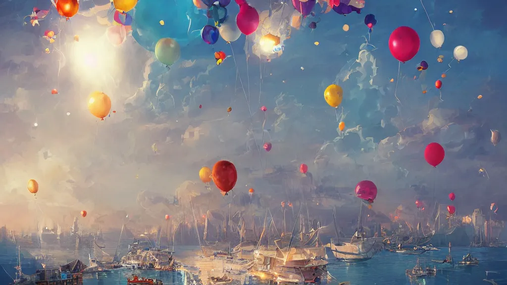 Image similar to a lot of birthday balloons floating above a beautiful maritime port. digital art. artstation cgsociety masterpiece