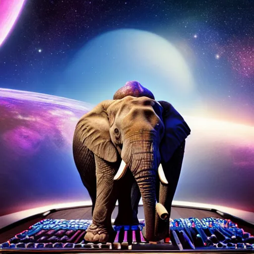 Image similar to a hyperrealistic 3D octane render of an elephant wearing an oculus rift and playing a keyboard inside of a dome planetarium with planets and galaxies, 8k, unreal engine, dramatic lighting, volumetric lighting, uplighting, ray tracing, photorealistic,