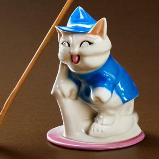 Prompt: a ceramic figure of a retro kitten wearing a witch hat and riding a broom