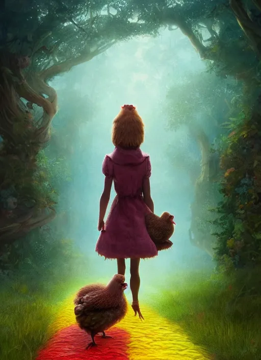 Prompt: a hen and her two chicks walking over a rainbow movie by nuri iyem, james gurney, james jean, greg rutkowski, anato finnstark. pixar. hyper detailed, 5 0 mm, award winning photography, perfect faces