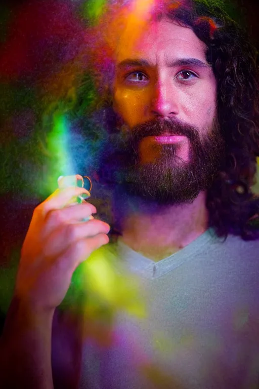 Image similar to studio photo of jesus smoking weed, colorful lighting, bokeh, 3 5 mm, dramatic ligting,