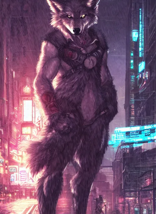 Image similar to character portrait of a muscular male anthro wolf fursona with a tail and a cute beautiful attractive detailed furry face wearing stylish cyberpunk clothes in a cyberpunk city at night while it rains. hidari, color page, tankoban, 4K, tone mapping, Akihiko Yoshida.