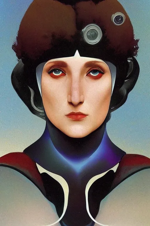 Image similar to portrait of raven, perfect future, iridescent color palette, art by bouguereau, 1 9 7 0 s retro future robot android. muted colors