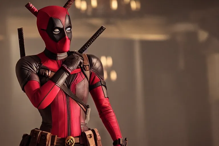 Image similar to emma watson as lady deadpool, cinematic lighting, movie still