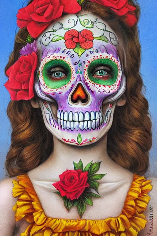 Image similar to Illustration of a sugar skull day of the dead girl, art by bob byerley